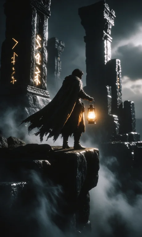 A Dark Fantasy Wanderer Standing At The Edge Of A Colossal A...
