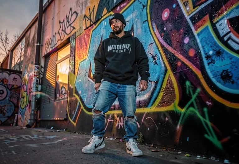A Bold Streetwear Look Against Graffiti Walls, Twilight Glow...
