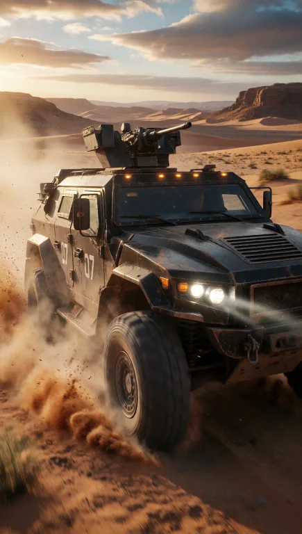 A Heavily Armored Black Military-grade Off-road Vehicle With...