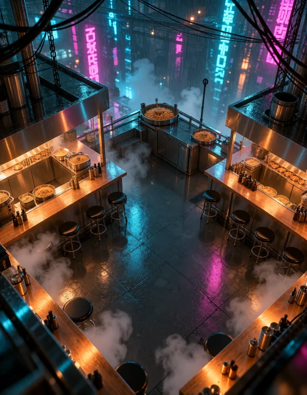Cyb3r Qu4rt13r, Noodle Bar Interior Viewed From A High Corne...