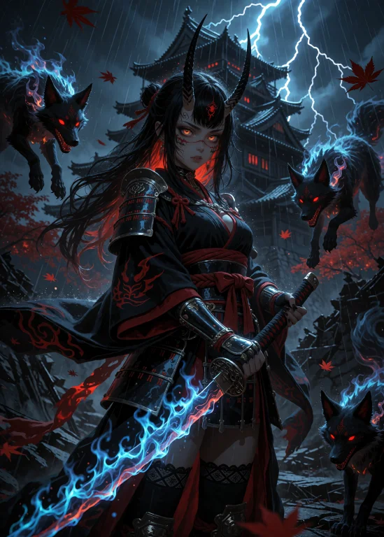A Demonic Japanese Female Warrior Standing Amidst The Ruins...