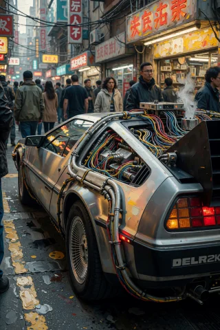 A Delorean Sits In A Crowded Cyberpunk Street Where Its Stai... — Stable Diffusion AI Prompt: A DeLorean sits in a crowded cyberpunk street where its stainless steel body is...