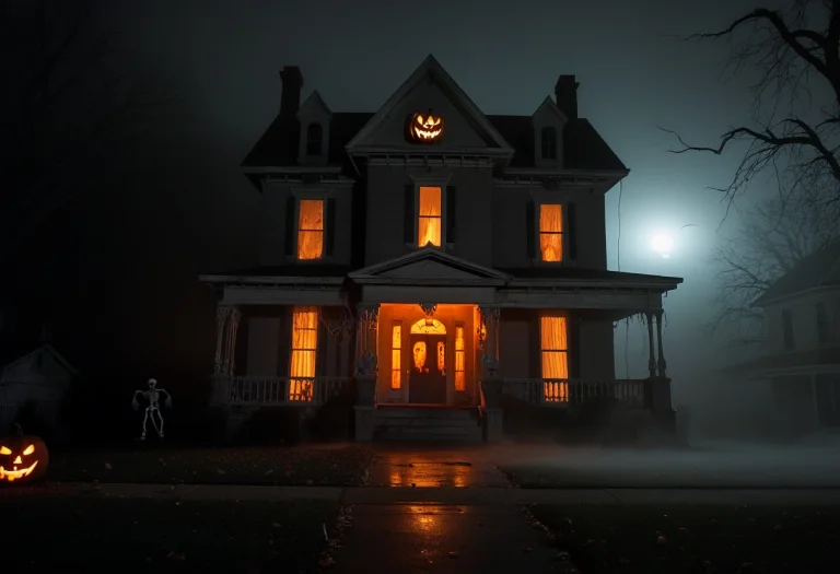 Neighborhood Street, Creepy Mansion, Night Time, Run Down, H...