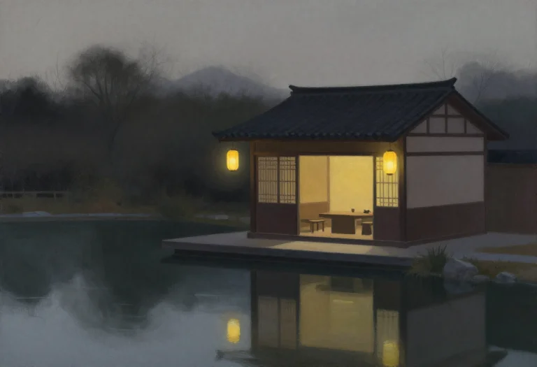A Lantern-lit Teahouse Beside A Still Pond, Gouache Concept...