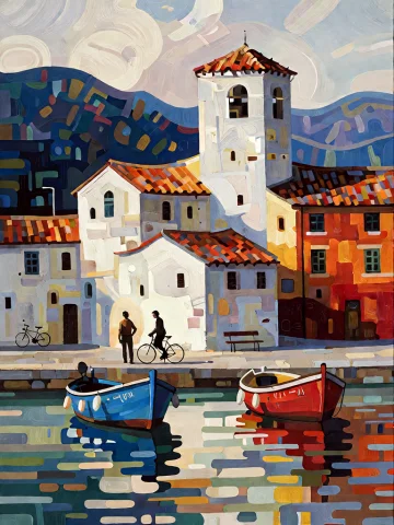 Bradhamel Art Style. A Vibrant Coastal Harbor Scene Rendered... — Stable Diffusion AI Prompt: Bradhamel art style. A vibrant coastal harbor scene rendered in bold, textured b...