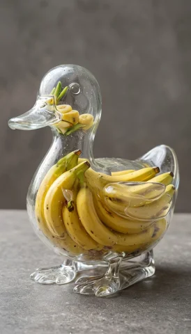 Transparent Glass Duck With A Bananas Inside It, — SDXL AI Prompt: transparent glass duck with a bananas inside it,