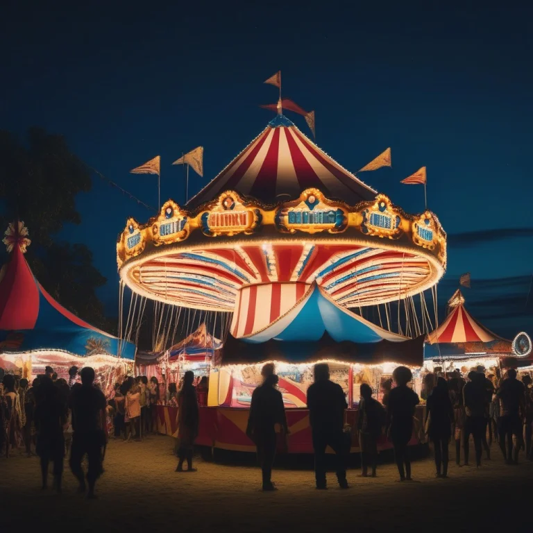 A Carnival Lit Up Against A Deep Blue Dusk, Cinematic Photog...