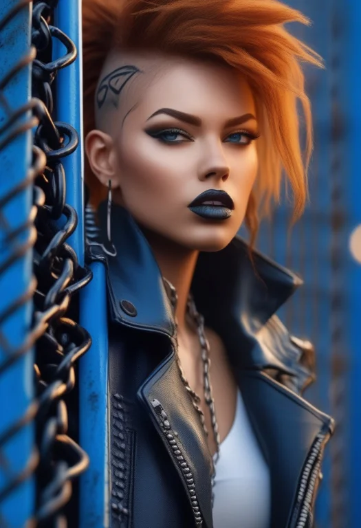A Punk Look Framed By Chain-link And Rust, Photorealistic, B...