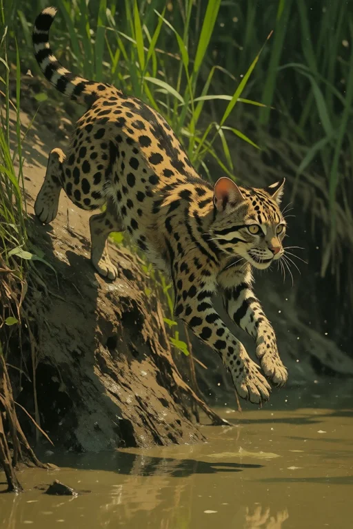 Nature, A Fishing Cat Launching From A Muddy Indus Reed-bank...