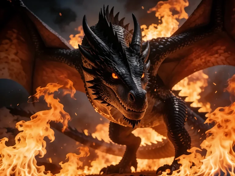 Black Dragon With Orange Eyes Surrounded By Flames Dark Back...