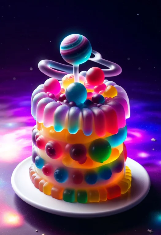 Gummymorph, 8k, Raw Digital Photo, A Birthday Cake Floating...
