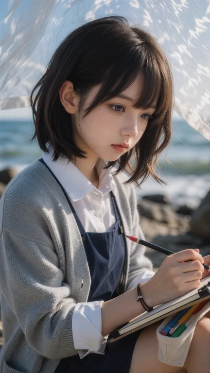 雷妮(Ren),一位身着素白长袖衬衫、外搭浅灰针织开衫的年轻女性，...