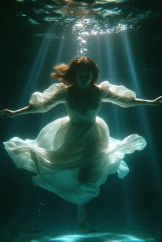 Cinemshot, Woman Swimming Underwater In A Dark Indoor Pool,... — Stable Diffusion AI Prompt: cinem@shot, woman swimming underwater in a dark indoor pool, flowing white dress...