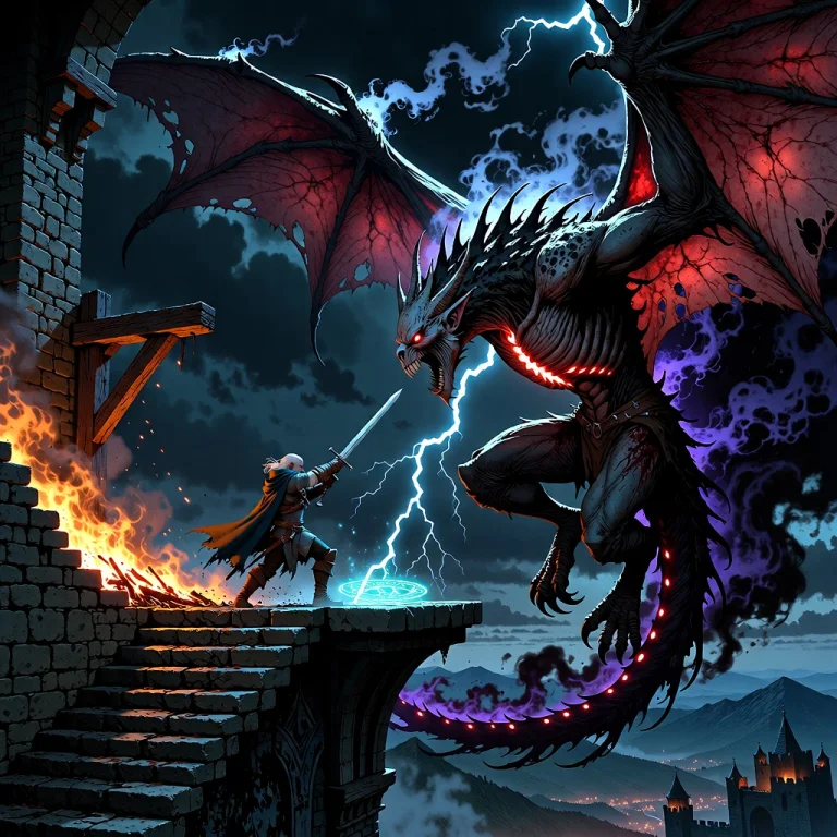 This Is A Digital Artwork Of An Epic Battle Atop The Tallest...