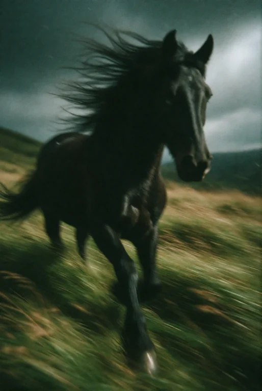 Cinemshot, Black Horse Running Through Tall Grass During A S...