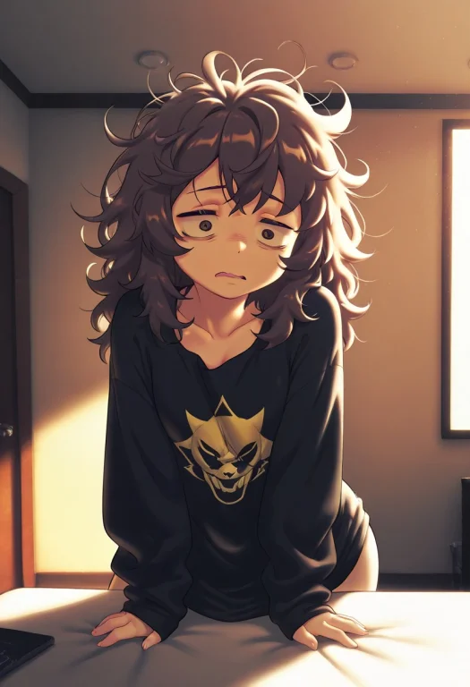 1girl, Solo, Messy Hair, Tired Expression, Long Shirt, Black...
