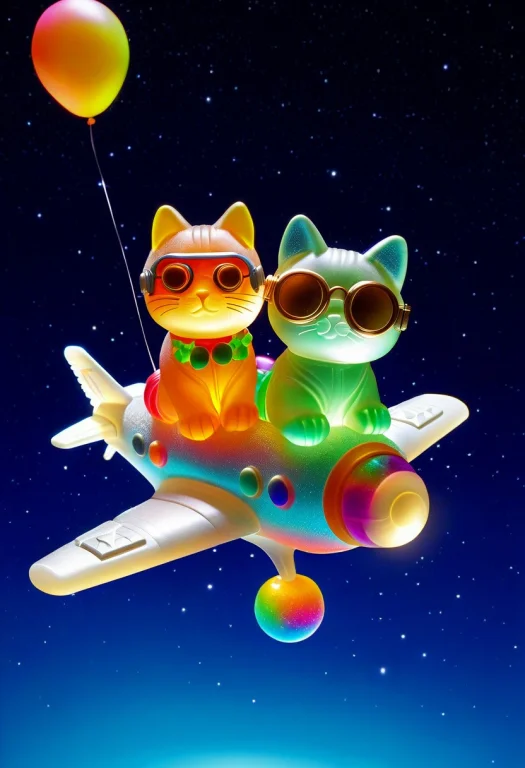 Two Cats Piloting Small Cute Two-seater Airplane Made Of Shi...