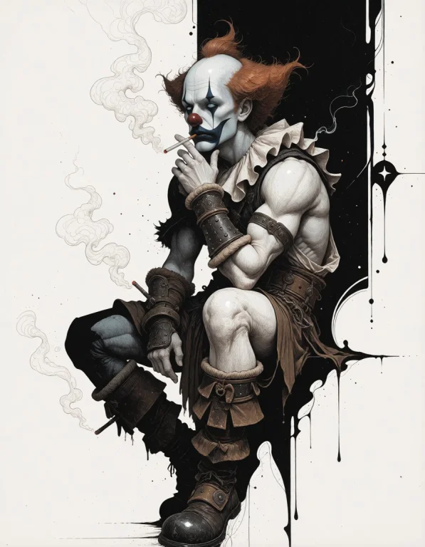 An Old Melancholic Clown Smoking A Cigarette, With Cool Pale...