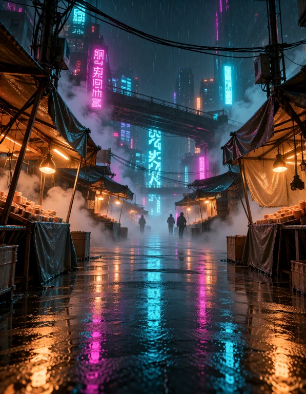 Cyb3r Qu4rt13r, Covered Night Market, Closed Stalls, Neon St...