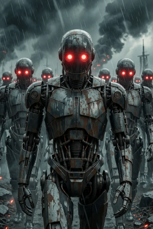 A Legion Of Metallic Androids With Glowing Red Eyes Advances...