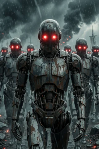 A Legion Of Metallic Androids With Glowing Red Eyes Advances... — Stable Diffusion AI Prompt: A legion of metallic androids with glowing red eyes advances through a stormy wa...