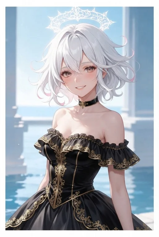 White Wild Hair Short, Black Outfit With Gold Trimming, Look...