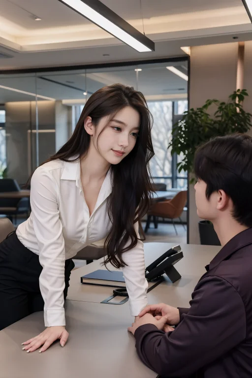 20岁左右的年轻中国女性: 女性站在白色办公桌旁,身体微微前倾...