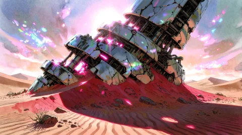 Vast Desert Landscape Dominated By A Colossal, Half-buried M... — Stable Diffusion AI Prompt: Vast desert landscape dominated by a colossal, half-buried machine ziggurat. Pol...