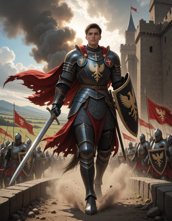 A Mounted Knight Preparing To Charge, With Light Olive Skin...