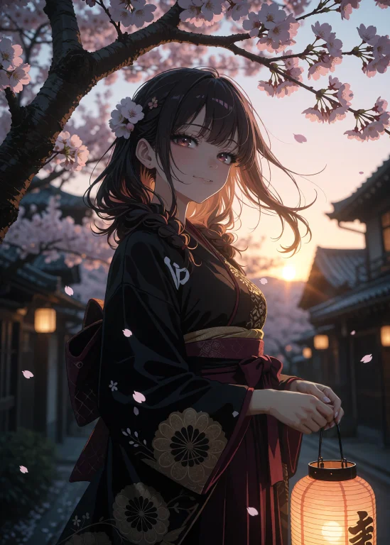 Beautiful Japanese Anime Girl Standing Under A Blooming Cher...