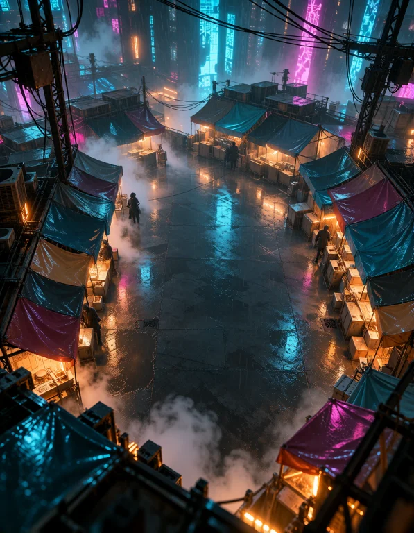 Cyb3r Qu4rt13r, Covered Night Market From A Stall Roof, Patc...