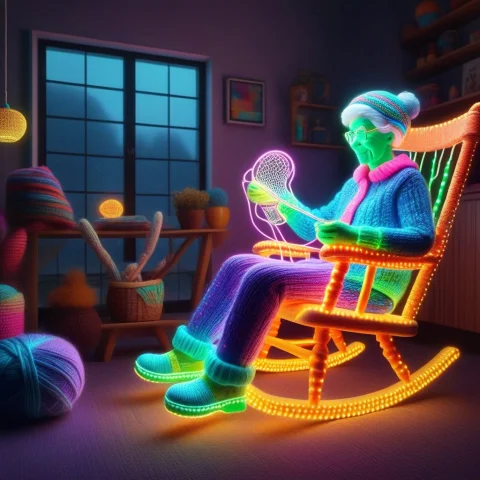 Led, Colorful Led Lights, A Grandmother Knitting In A Rockin... — SDXL AI Prompt: LED, colorful LED lights, a grandmother knitting in a rocking chair, reimagined...