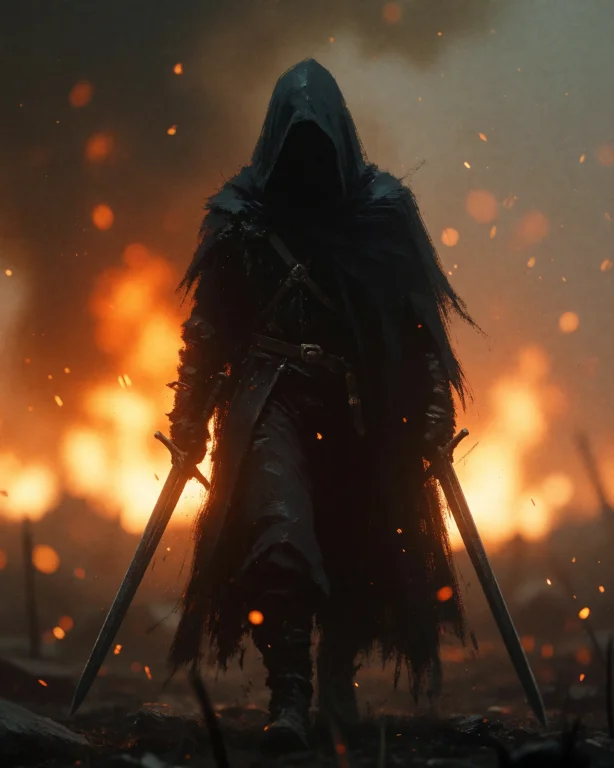 Full Body Shot Of A Hooded Warrior Standing On A Burning Bat...