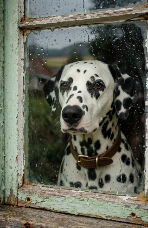 Close Up Of A Dalmatian With A Leather Collar Looking Throug...