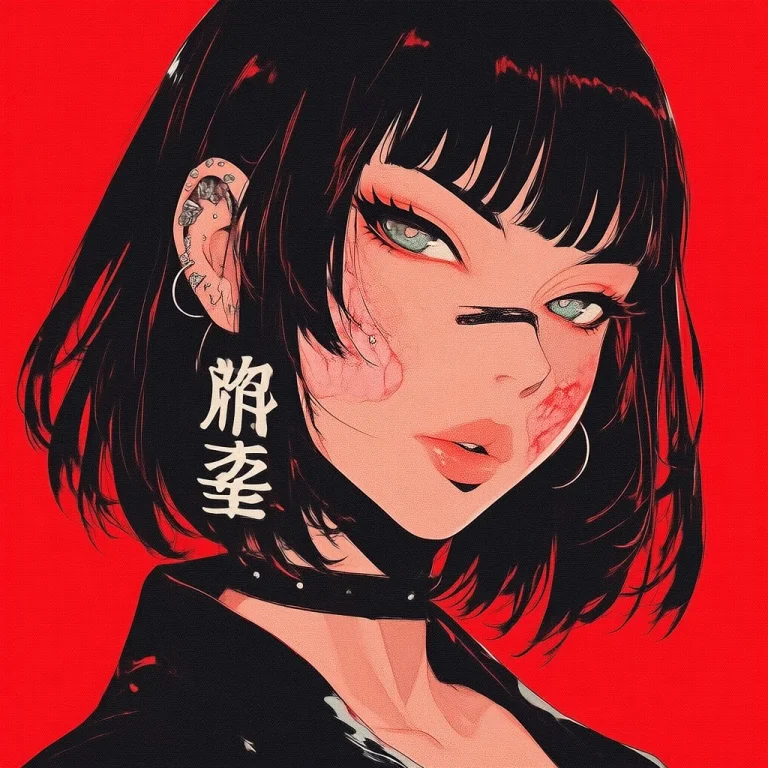 D41z3n, 1girl, Solo, Red Background, Piercing, Bangs, Ear Pi...