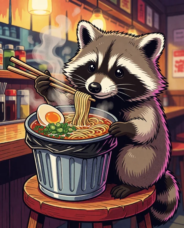 A Vibrant Manga-inspired Illustration Of A Cute Raccoon Usin...