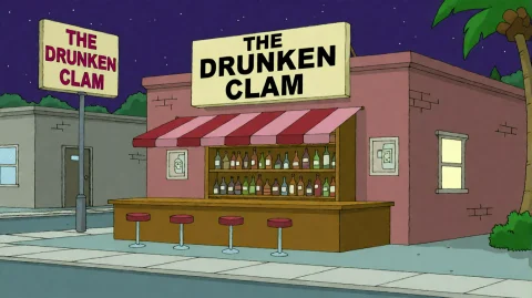 Fmlygyssn05, A Cartoon-style Bar Named The Drunken Clam Stan... — Stable Diffusion AI Prompt: fmlygyssn05, A cartoon-style bar named â€œThe Drunken Clamâ€ stands at night, i...