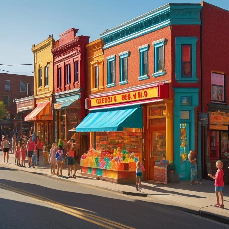 A Cheerful, Bustling 1950s Urban Daytime Street Scene Render...