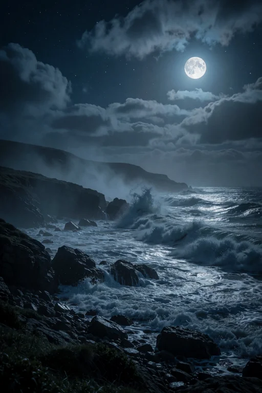 A Moonlit Coastal Landscape With Crashing Waves And Rocky Sh...