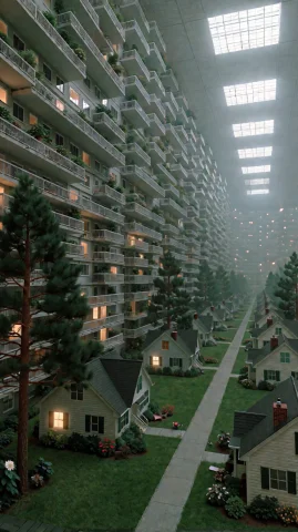 Wide-angle Eye-level View Inside An Impossibly Vast Indoor R... — Stable Diffusion AI Prompt: Wide-angle eye-level view inside an impossibly vast indoor residential complex,...