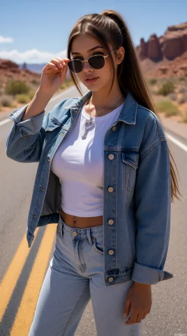 A Woman In Her Twenties, Hair In A Sleek Ponytail, Wearing A... — Stable Diffusion AI Prompt: a woman in her twenties, hair in a sleek ponytail, wearing an oversized denim ja...