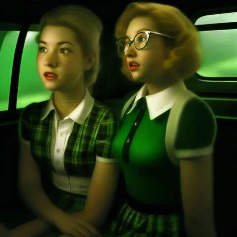 The Red Is Two Young Women Are Positioned Inside What Appear... — SDXL AI Prompt: The red is two young women are positioned inside what appears to be the backseat...