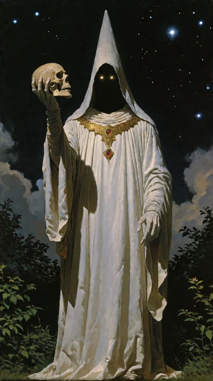 Low-angle Full-body Shot Of A Towering, Robed Figure Standin...