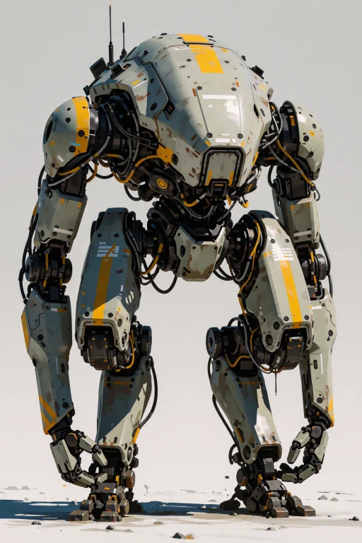 A Bipedal Machine Stands With A Massive, Rounded Back And Wi...