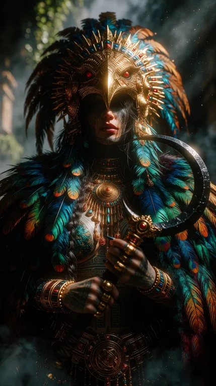 A Majestic Aztec Matriarch Standing In A Serene, Misty Templ...