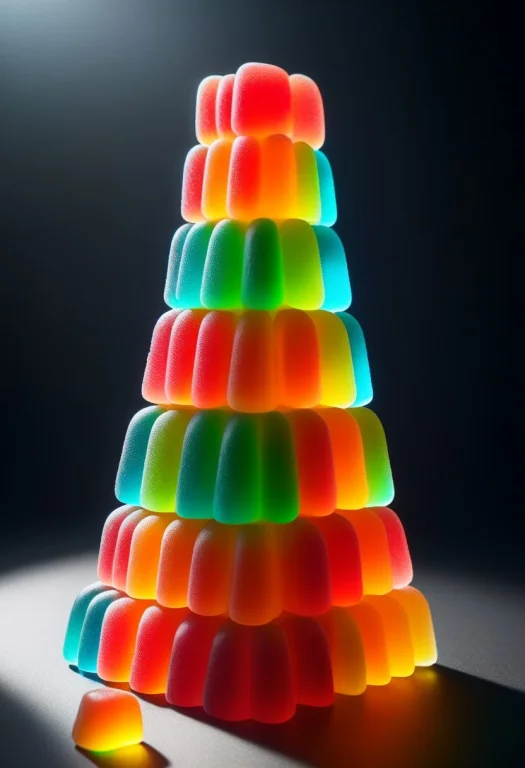 A Tower, Made Of Translucent Rainbow Gummy Candy, Chewy Text...