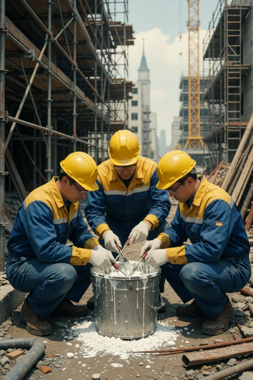 Three Construction Workers In Blue And Yellow Uniforms Repai...