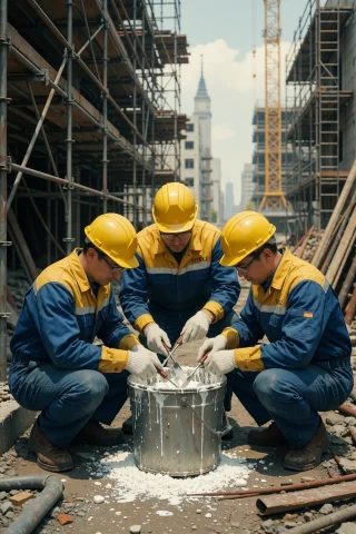 Three Construction Workers In Blue And Yellow Uniforms Repai... — Stable Diffusion AI Prompt: Three construction workers in blue and yellow uniforms repair cracked lips with...
