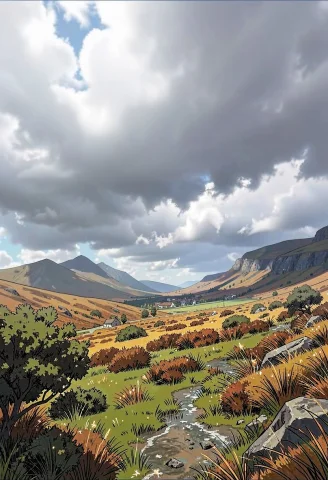 A Highland Moor Under Heavy Grey Clouds, Modern Anime Aesthe... — Stable Diffusion AI Prompt: a highland moor under heavy grey clouds, modern anime aesthetic, overcast light,...