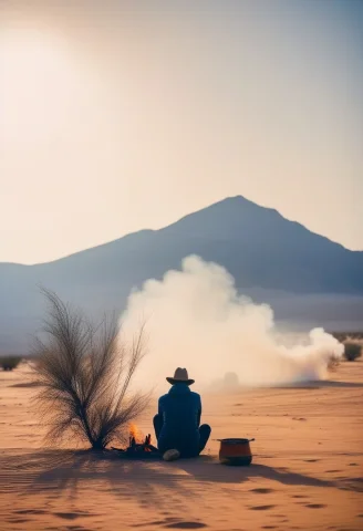 A Traveler Resting Beside A Desert Campfire, Misty Light, Dy... — SDXL AI Prompt: a traveler resting beside a desert campfire, misty light, dynamic composition, s...